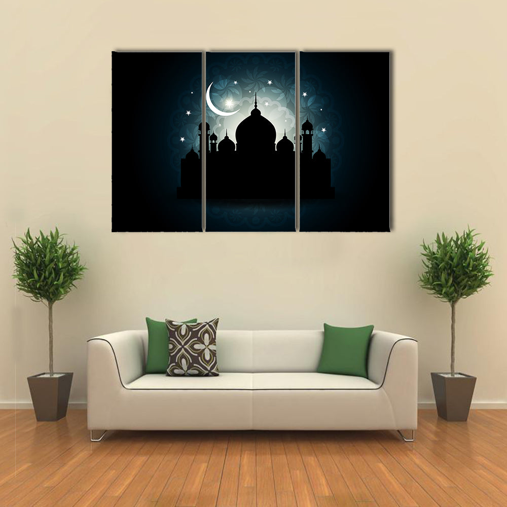 Mosque Silhouette with Crescent Moon and Mandala Canvas Wall Art