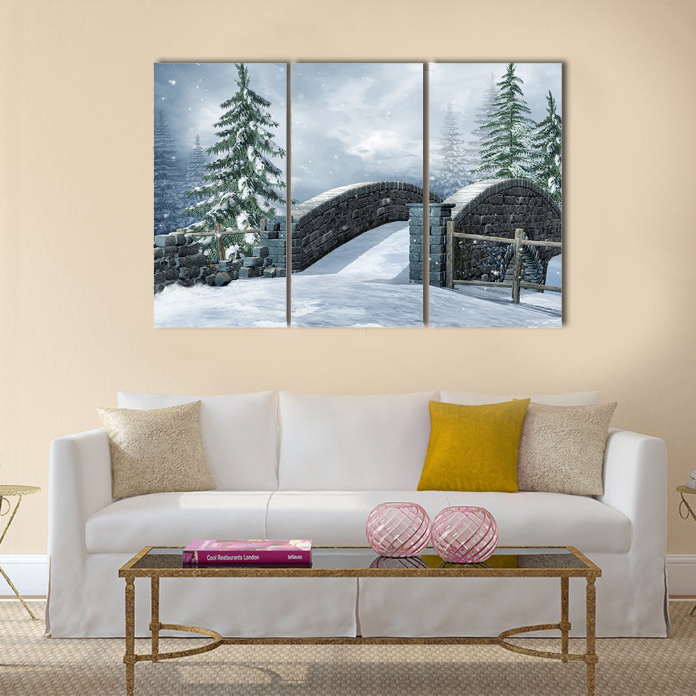 Stone Bridge On A Winter Meadow Canvas Wall Art