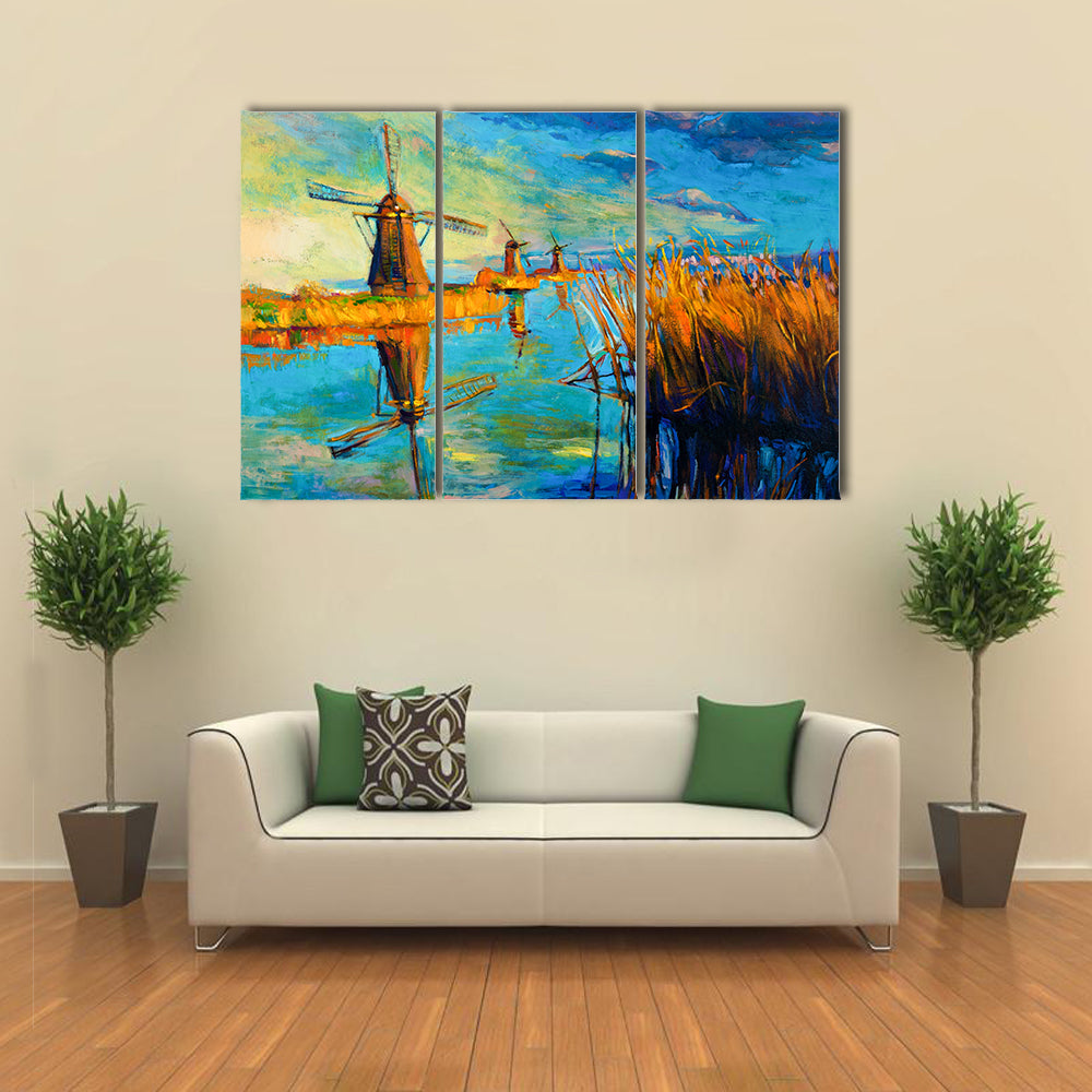 Windmill Landscape at Sunset Canvas Wall Art