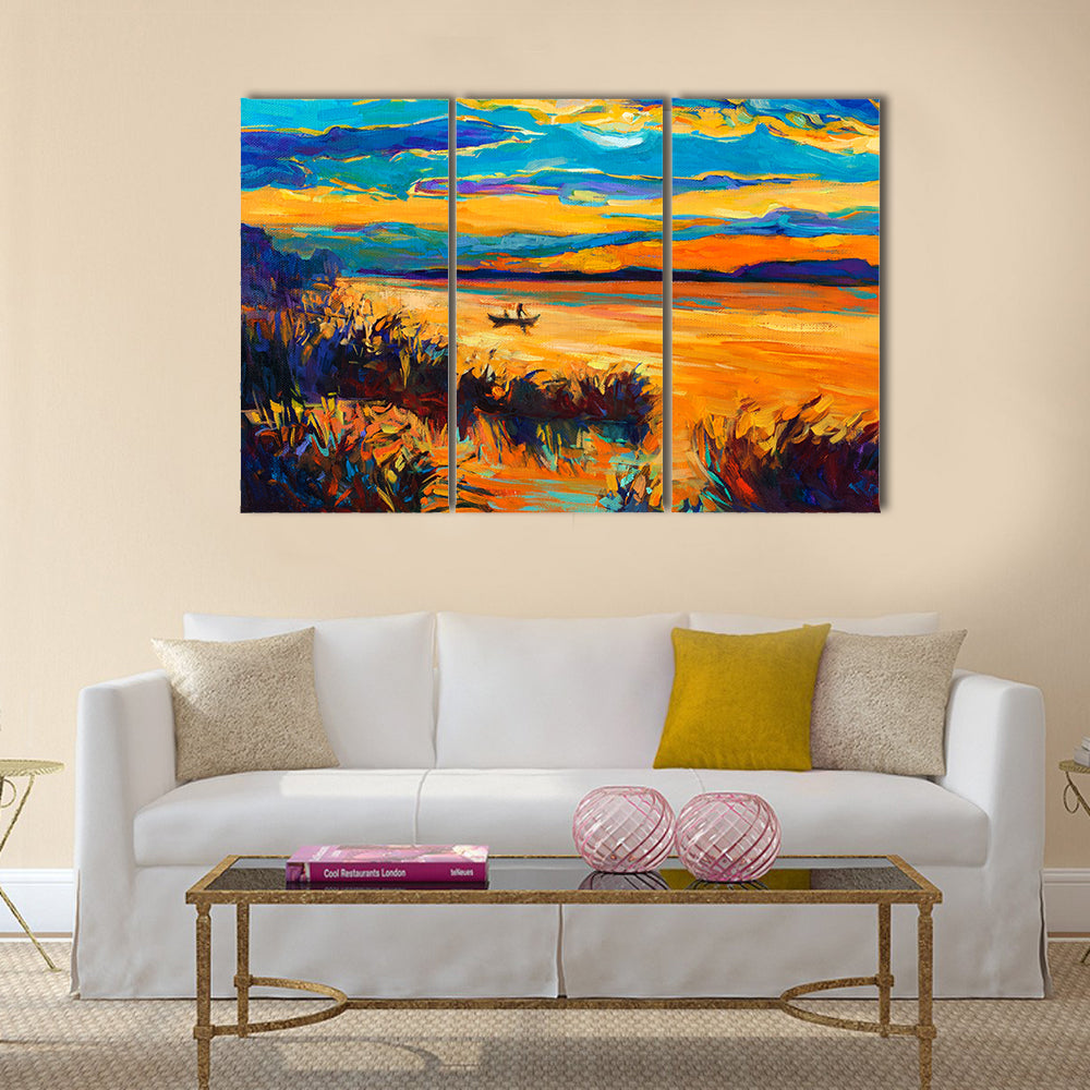 Rowboat on Lake at Sunset Canvas Wall Art
