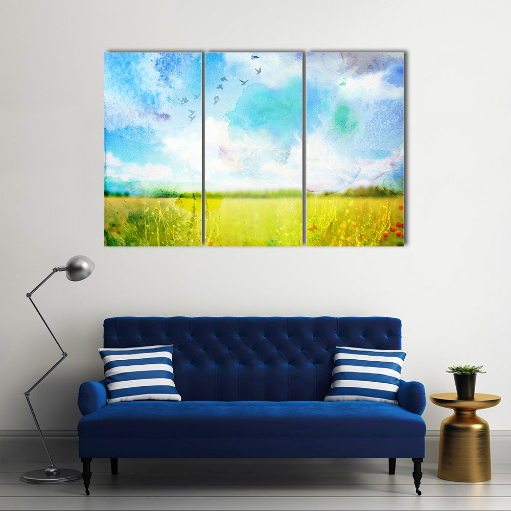Village Meadow Watercolor Landscape Canvas Wall Art