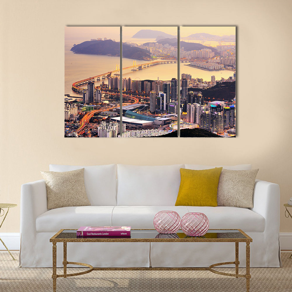 Coastal City Skyline at Golden Dusk Canvas Wall Art