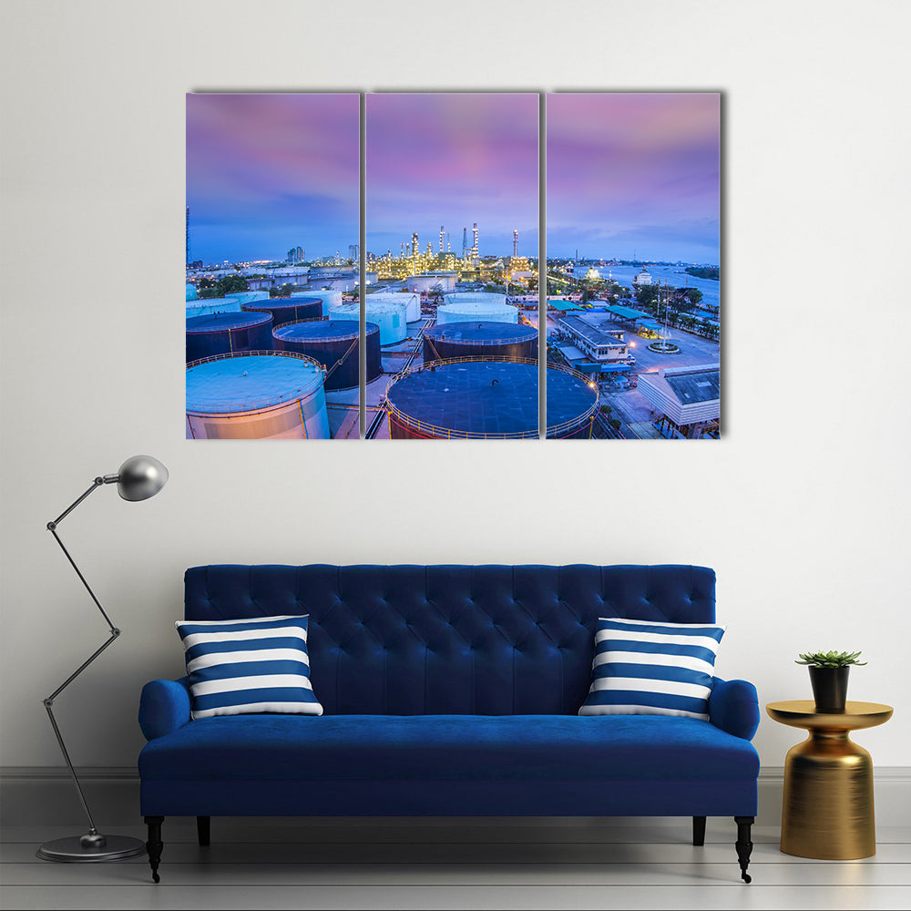 Twilight Oil Refinery with Storage Tanks Canvas Wall Art