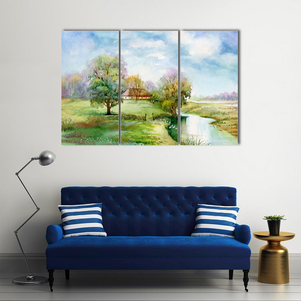 Thatched Cottage Beside Winding River Canvas Wall Art