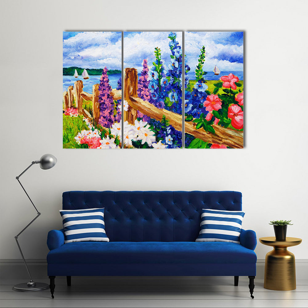 Summer Wildflowers by Split-rail Fence Canvas Wall Art