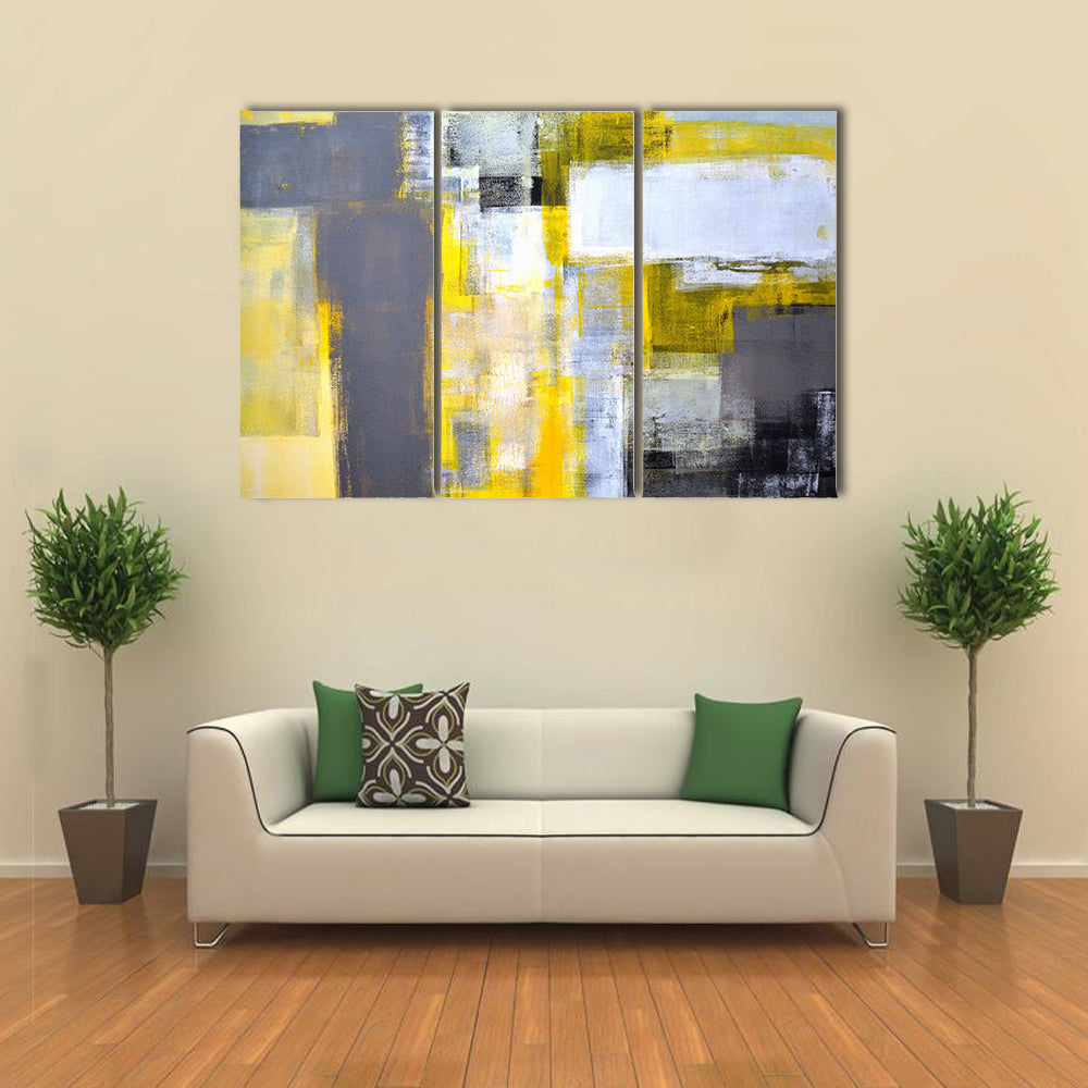 Layered Geometric Abstract with Yellow Bars Canvas Wall Art