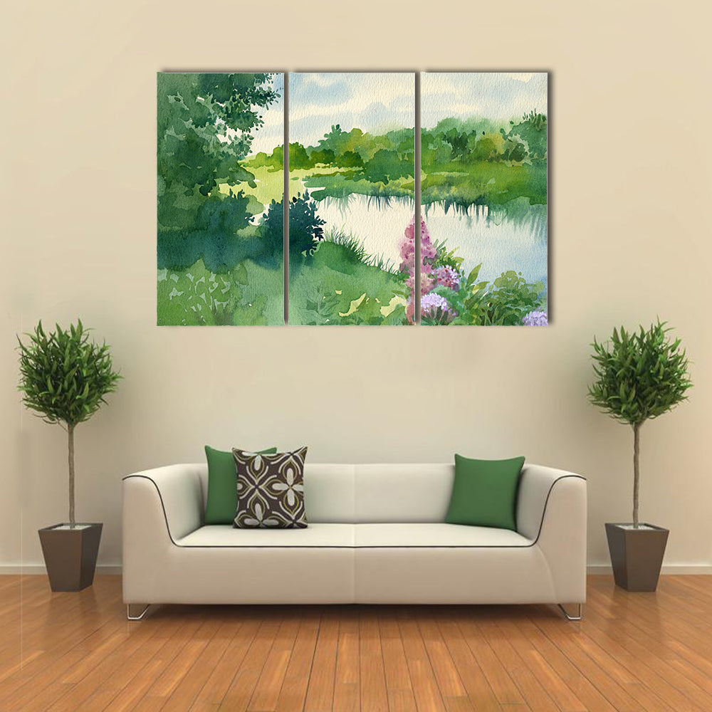 Watercolor River Landscape with Wildflowers Canvas Wall Art