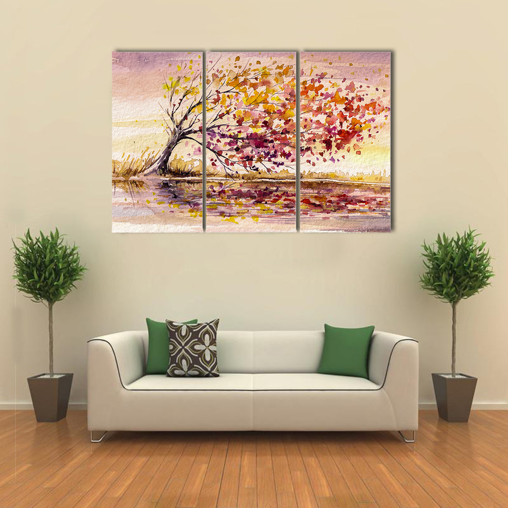 Wind-swept Autumn Tree by the Lake Canvas Wall Art