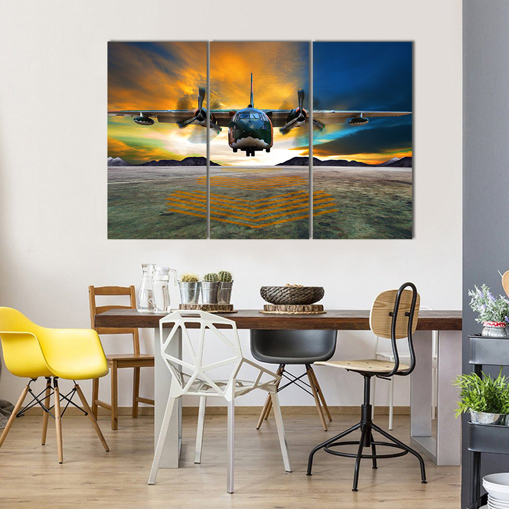 Twin-engine Military Transport at Golden Hour Canvas Wall Art