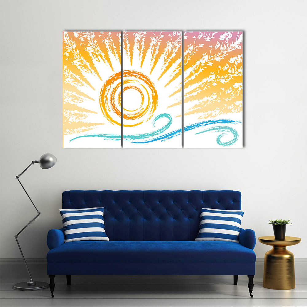 Stylized Sun and Ocean Waves Canvas Wall Art