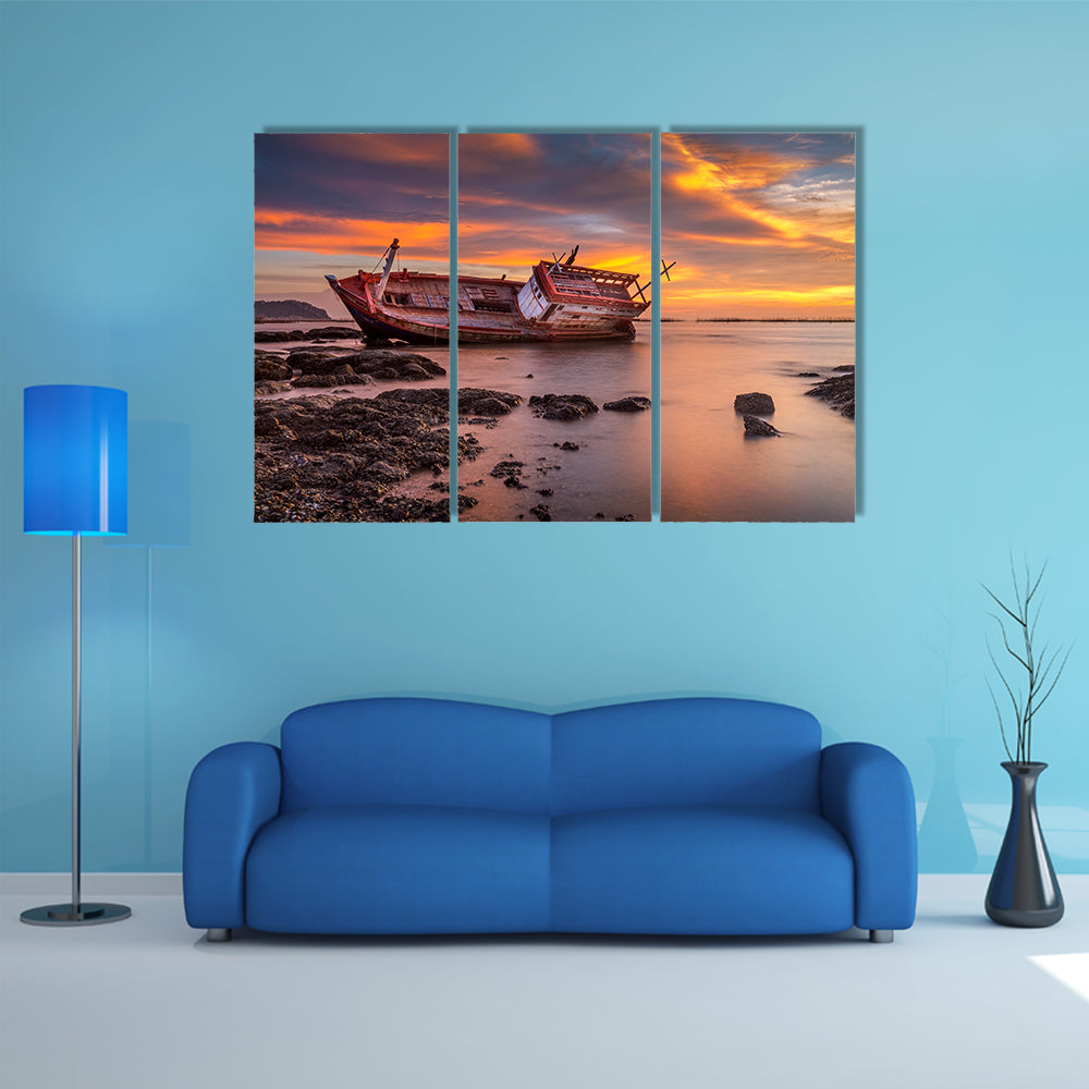 Fishing Boat Moored On Beach At Sunset Canvas Wall Art