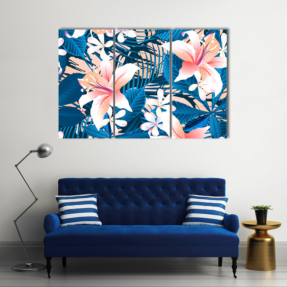 Tropical Lily and Plumeria Floral Pattern Canvas Wall Art