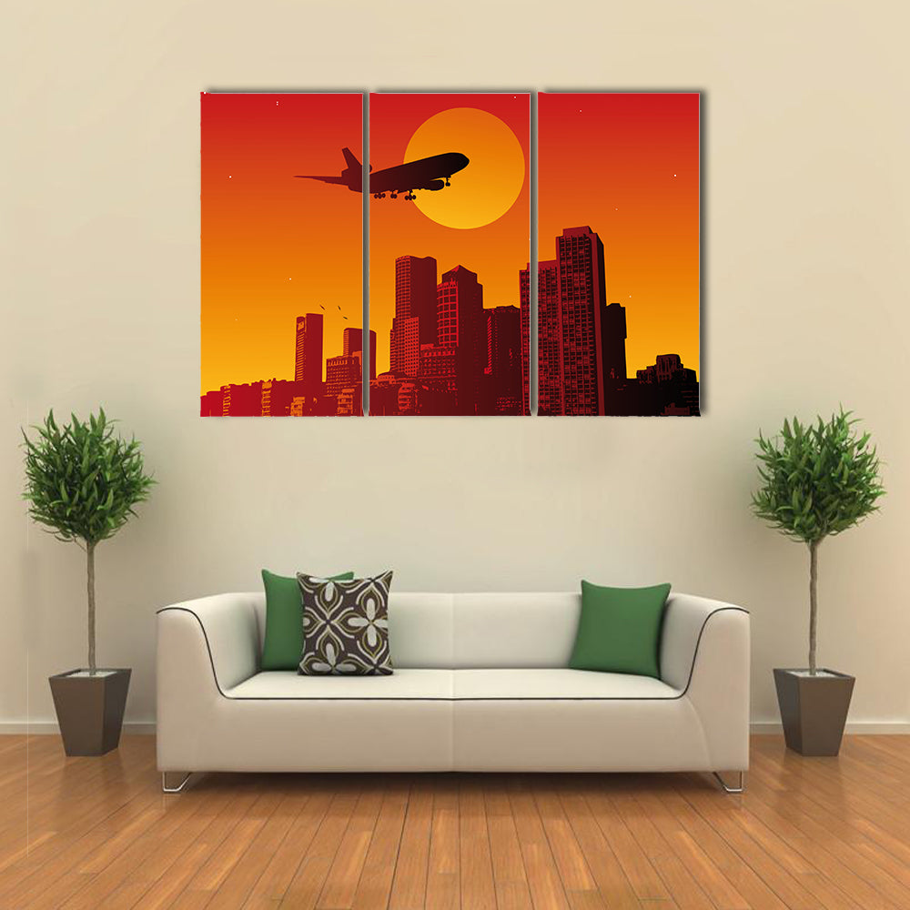 Airplane with Landing Gear Over Sunset City Canvas Wall Art