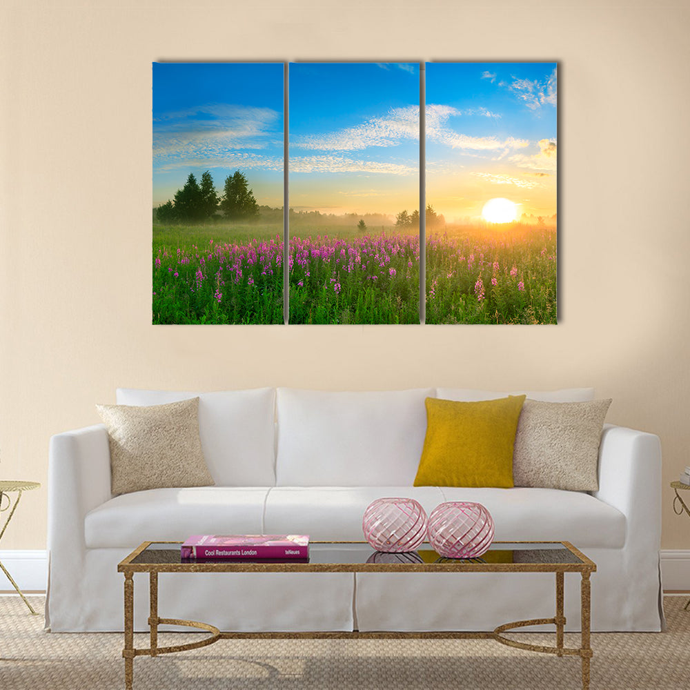 Sunrise Over Blossoming Meadow Canvas Wall Art