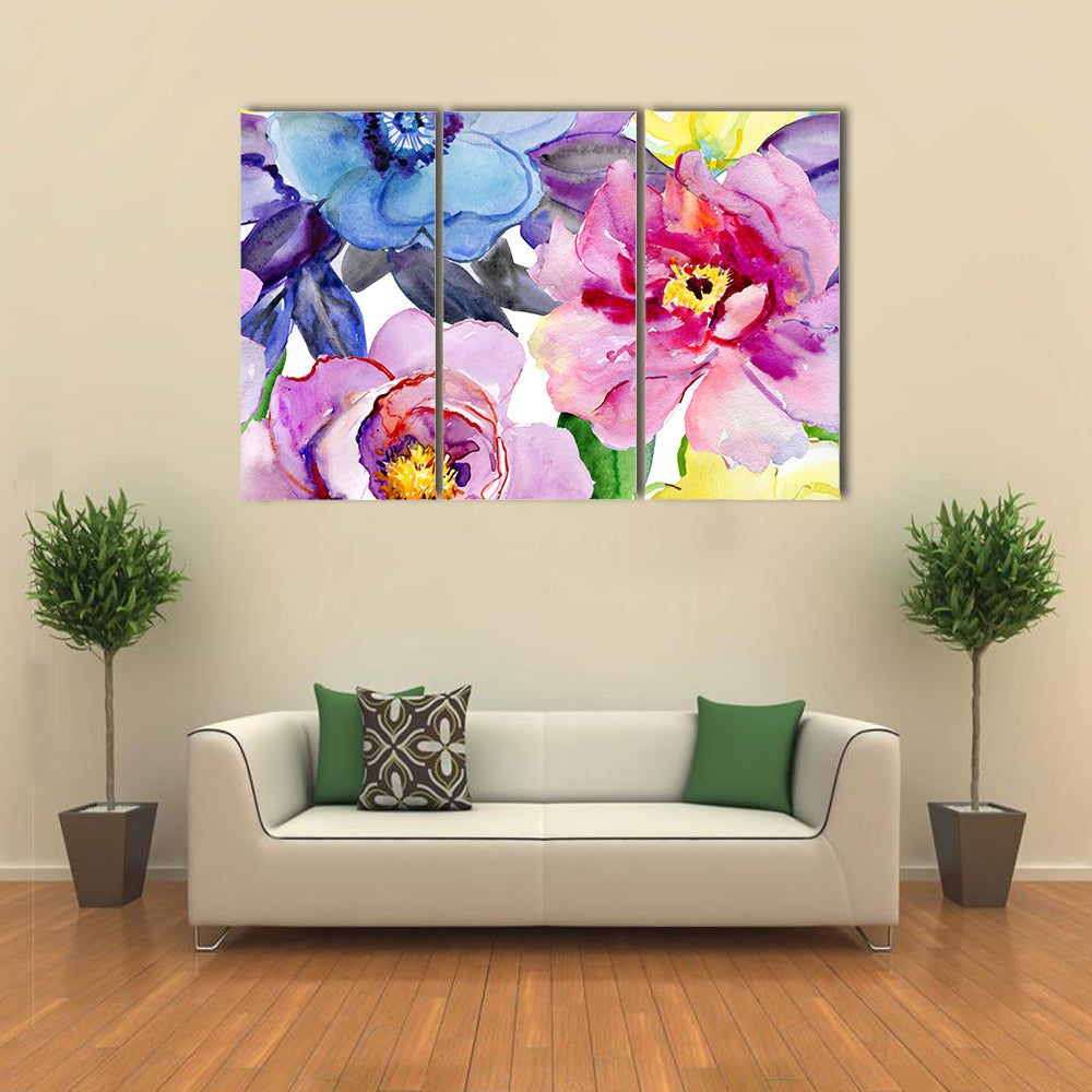 Seamless Watercolor Peonies and Poppies Canvas Wall Art