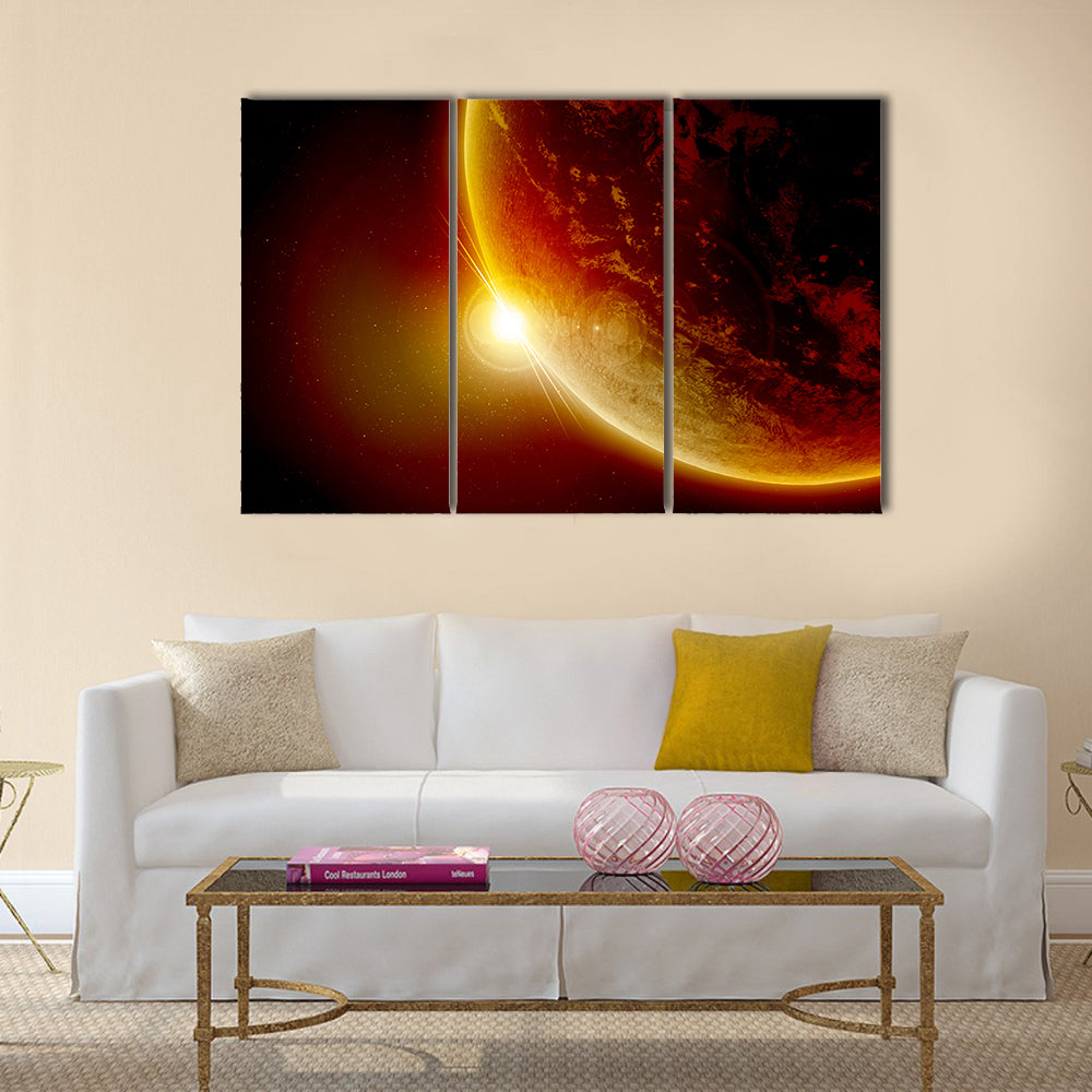 Red Planet Earth In Outer Space With Sun Canvas Wall Art