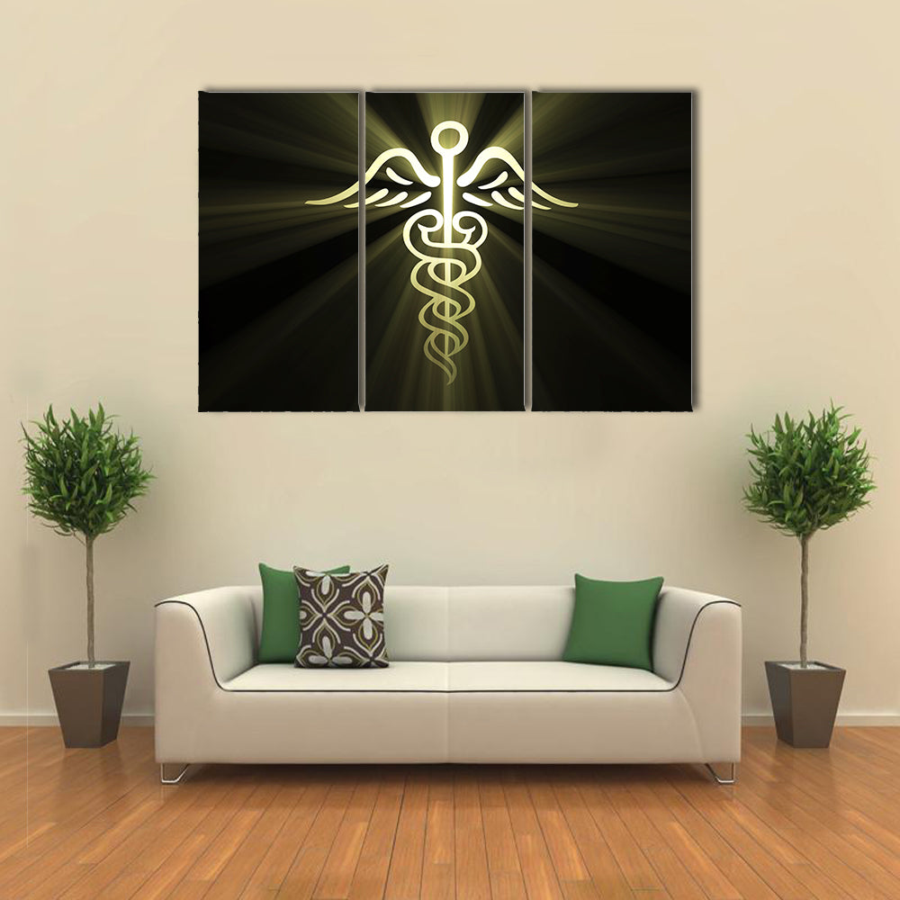 Golden Caduceus with Radiant Light Canvas Wall Art