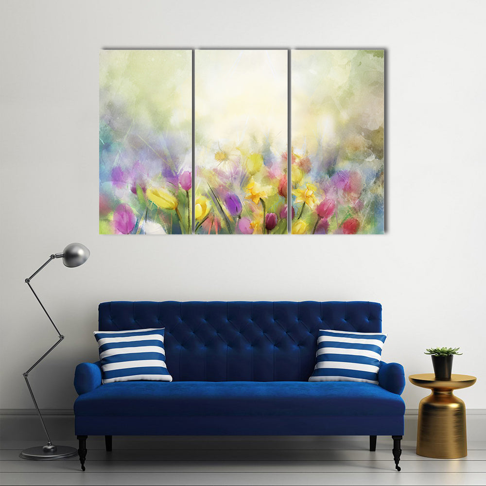 Watercolor Daffodil and Tulip Meadow Canvas Wall Art