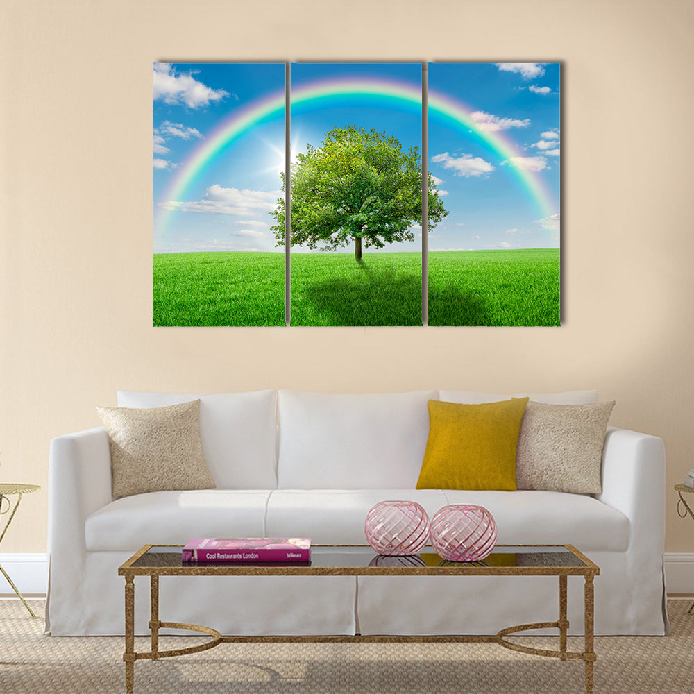 Old Oak Tree on Green Meadow Canvas Wall Art