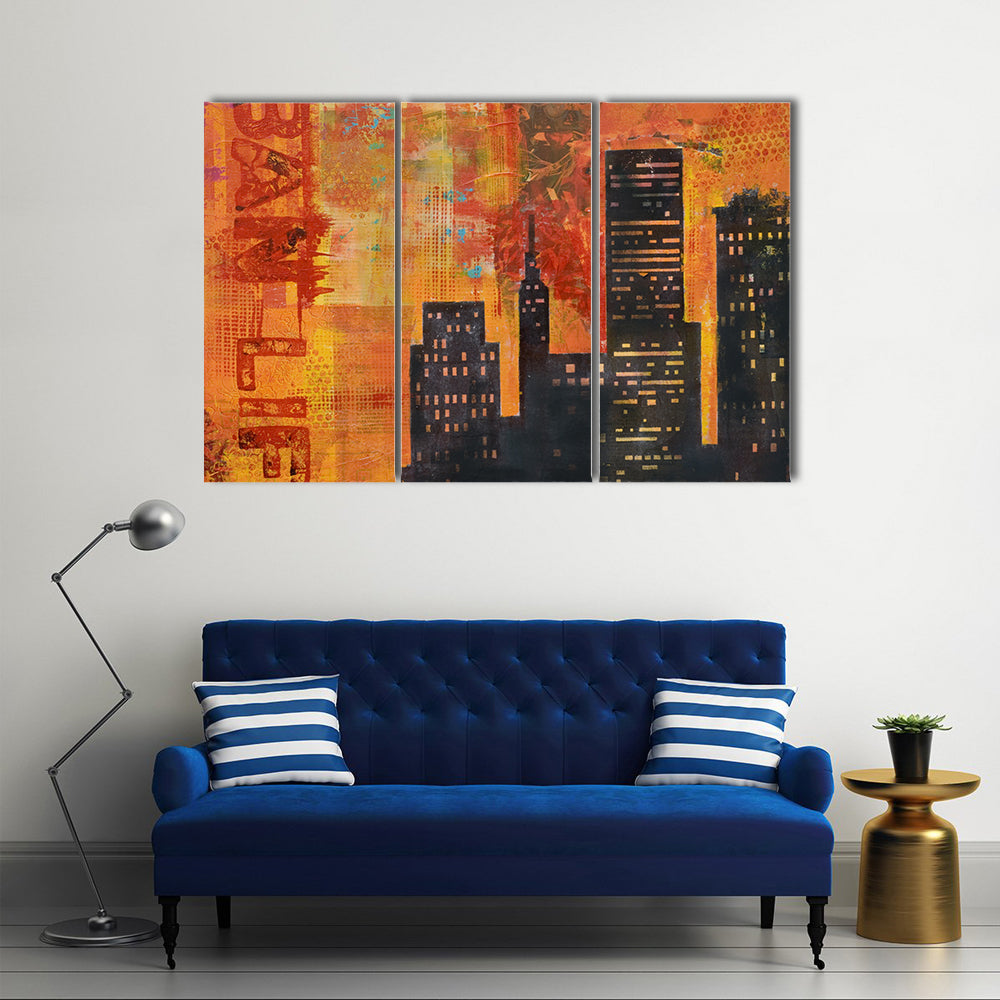 Abstract Urban Skyline with Stenciled Text Canvas Wall Art