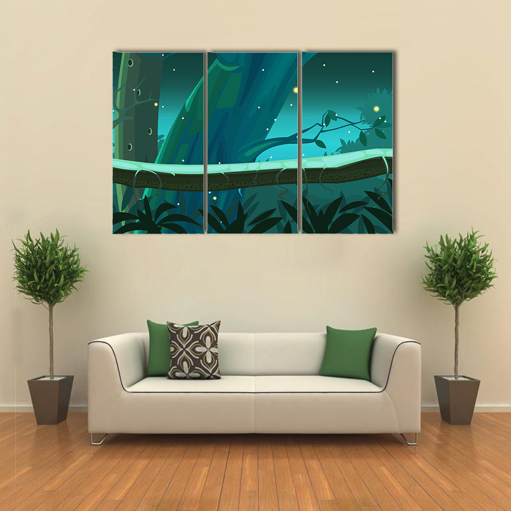 Mossy Tree Trunk with Glowing Fireflies Canvas Wall Art