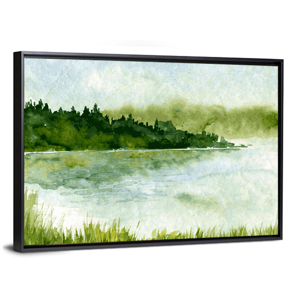 Watercolor River and Spruce Forest Canvas Wall Art
