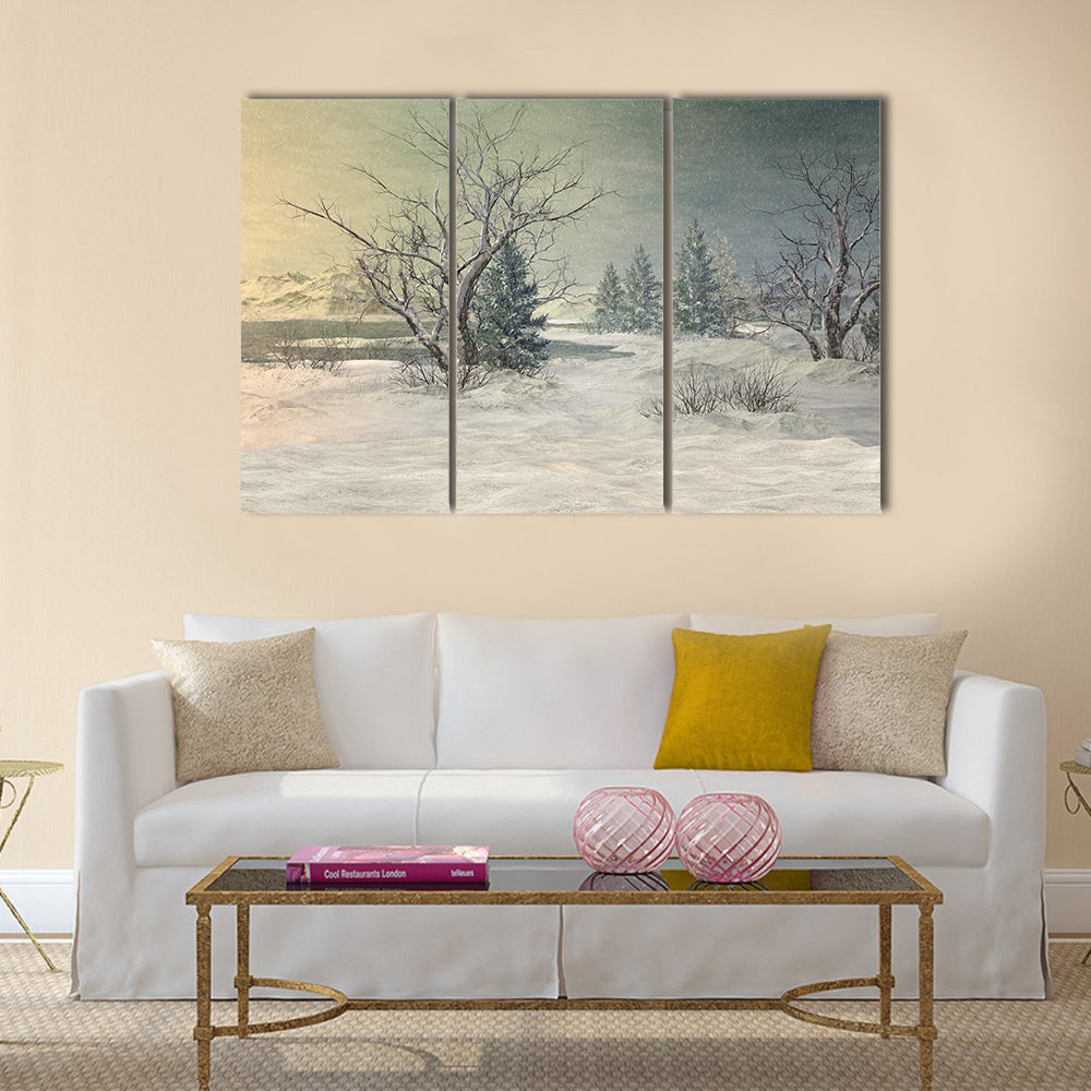 Snow-covered Field with Bare Trees and Mountains Canvas Wall Art