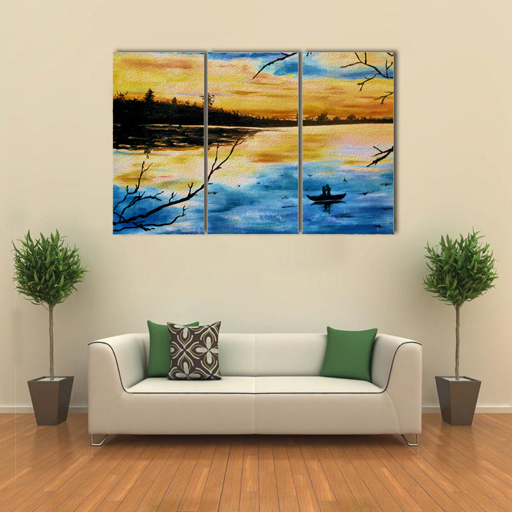 Lovers in a Boat at Sunset Canvas Wall Art