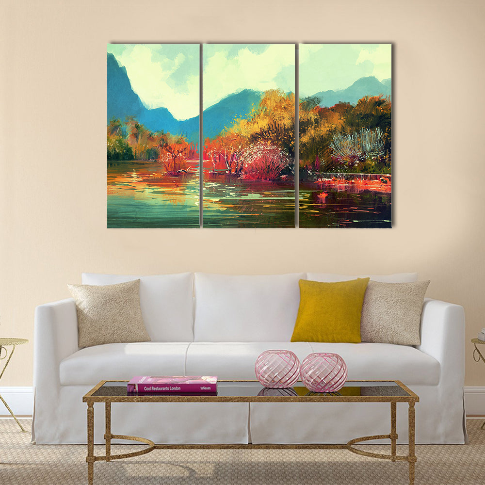 Autumn Lake Forest Illustration Canvas Wall Art