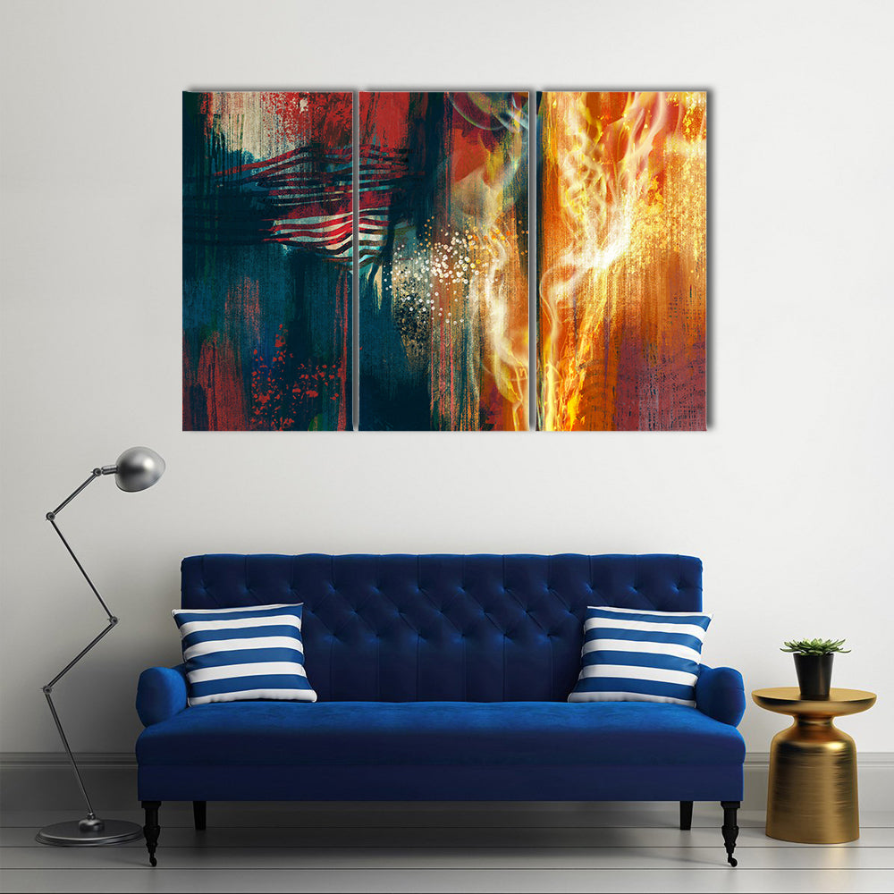 Abstract American Flag in Flames Canvas Wall Art