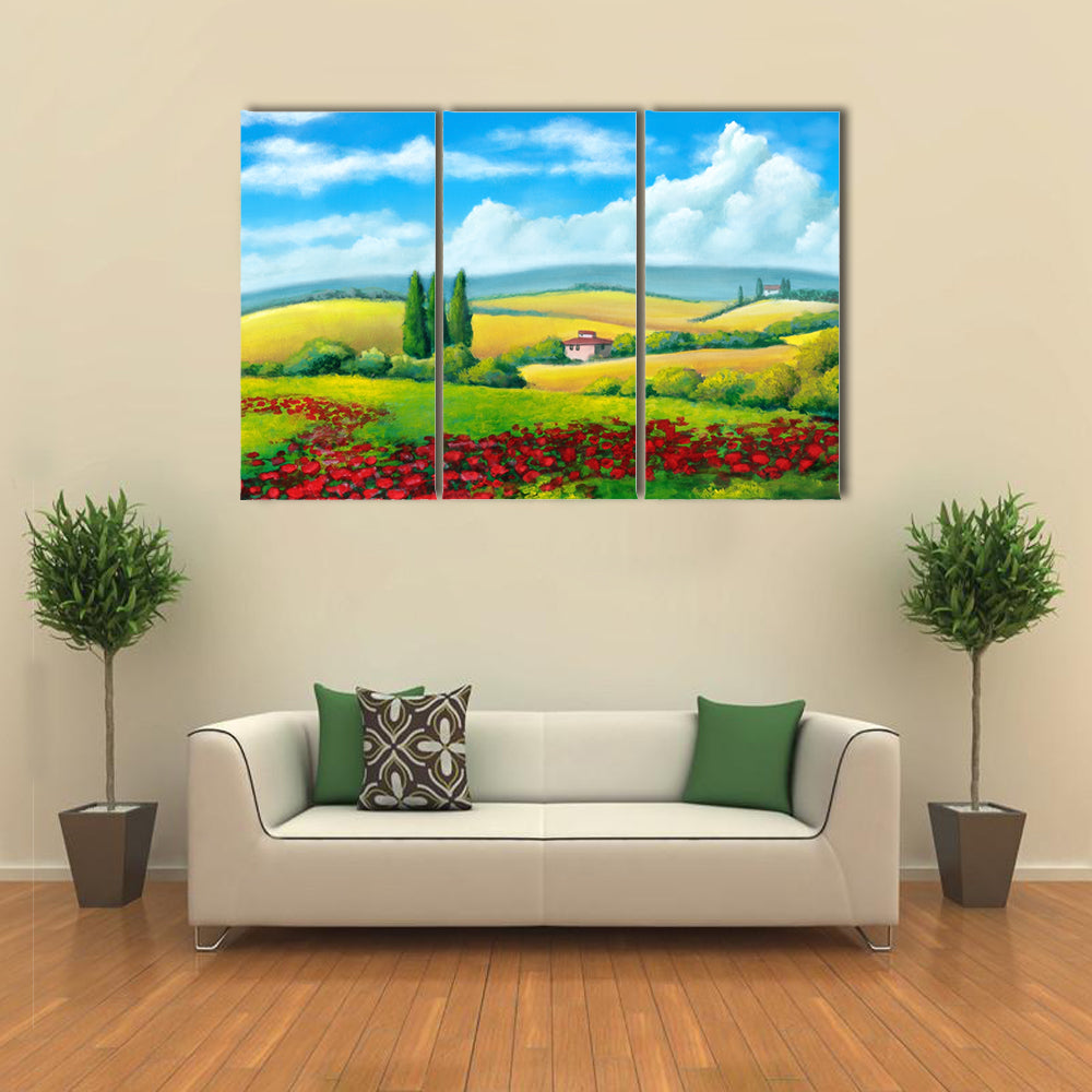 Tuscan Poppy Field with Cypress Trees Canvas Wall Art
