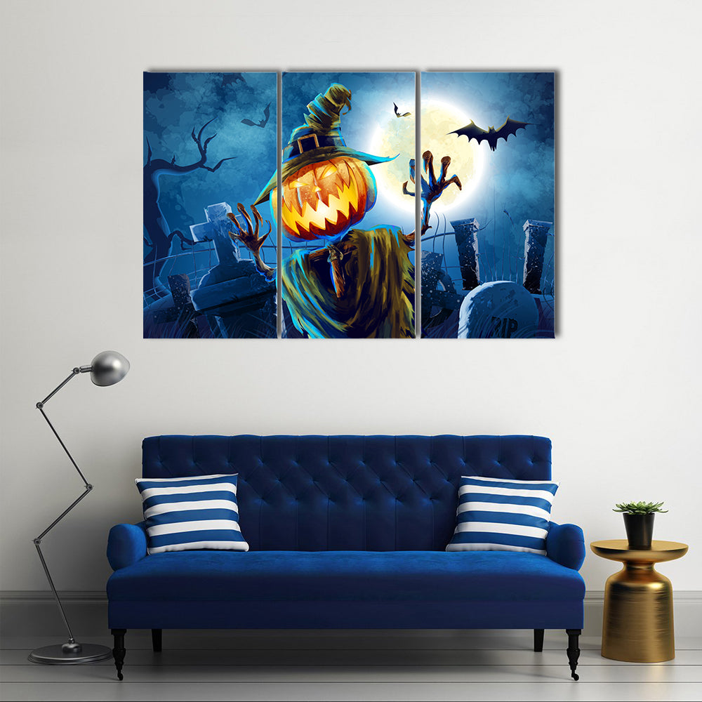 Pumpkin-headed Monster in Graveyard Canvas Wall Art