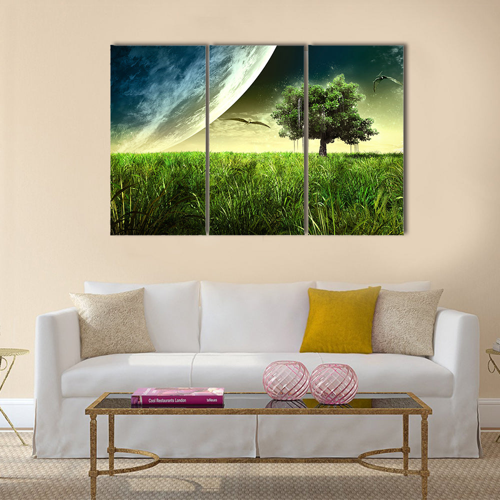 Green Meadow with Pterodactyls Canvas Wall Art