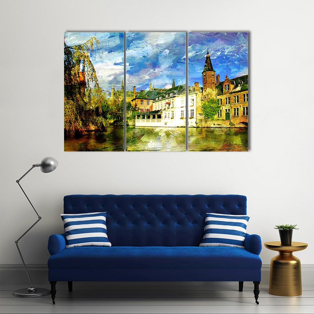 Belgian Canal in a Small Town Canvas Wall Art