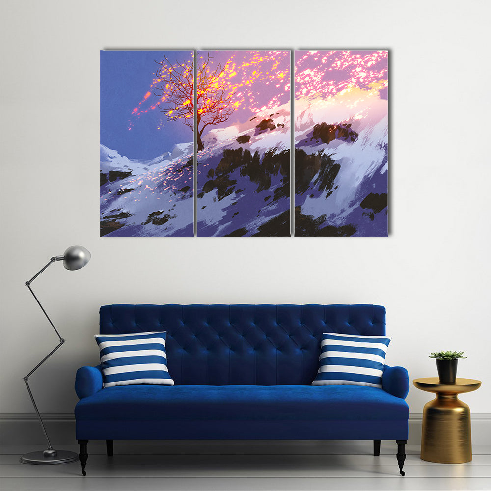 Lone Tree with Glowing Sparks at Twilight Canvas Wall Art