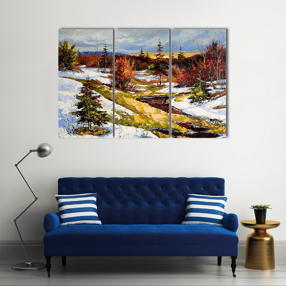 Snowy Stream at Sunset Canvas Wall Art