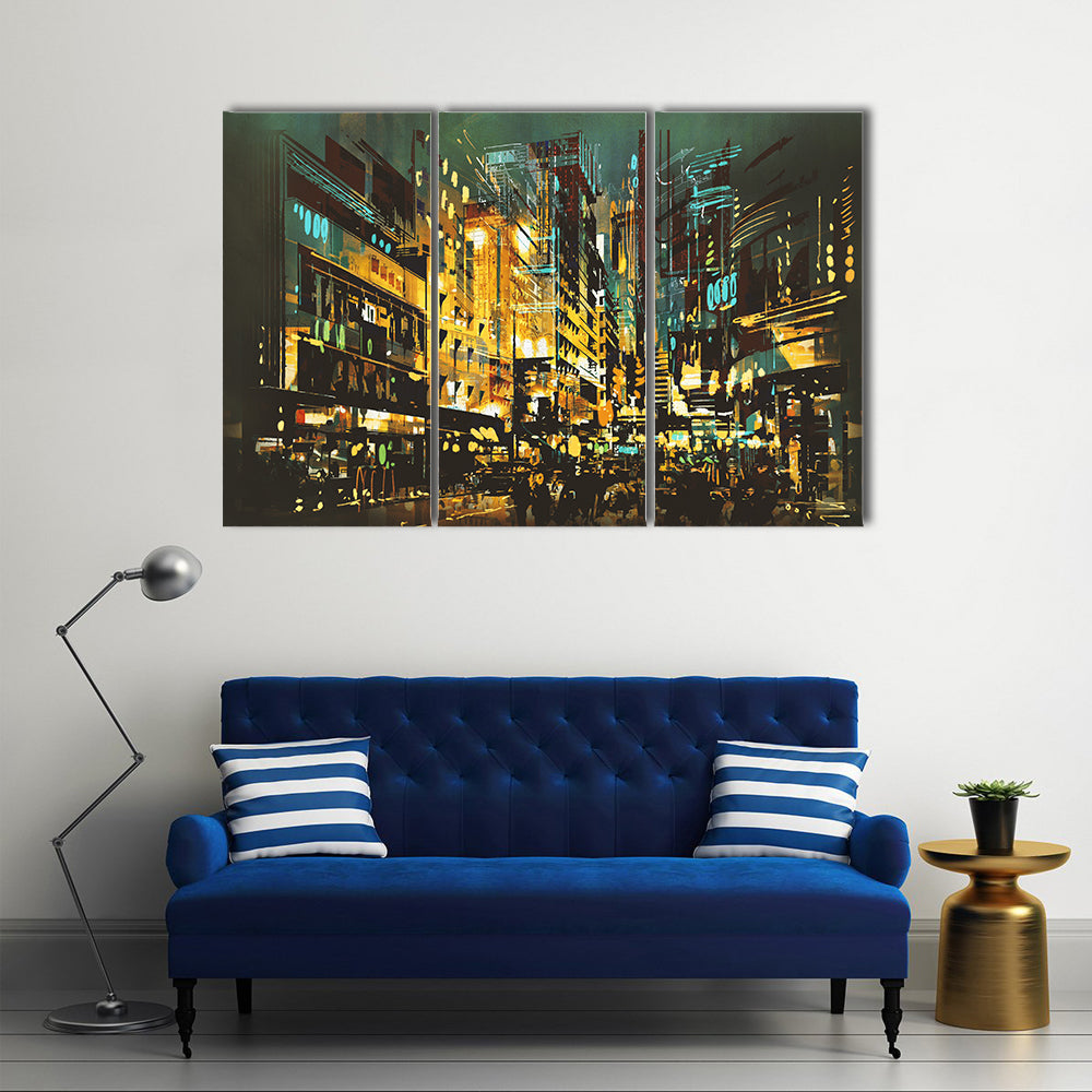 Abstract Night Cityscape with Golden Lights Canvas Wall Art