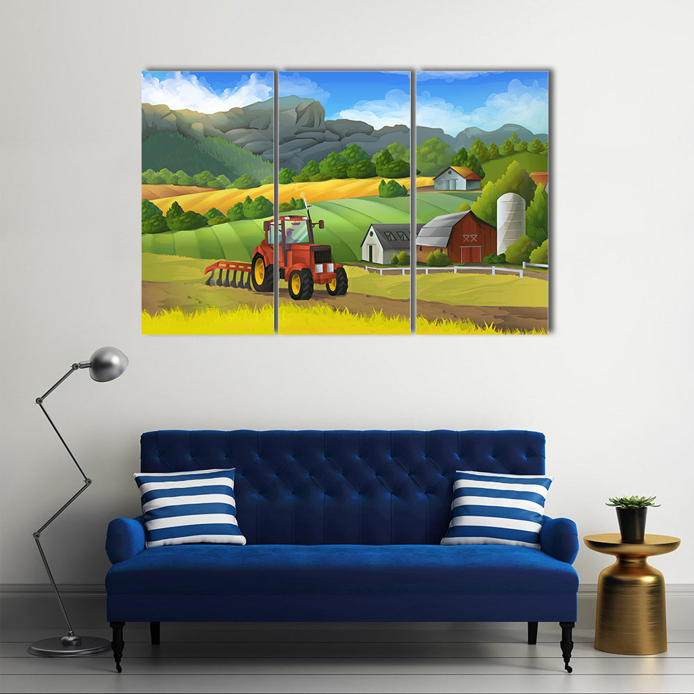 Red Tractor on Sunny Farm Landscape Canvas Wall Art