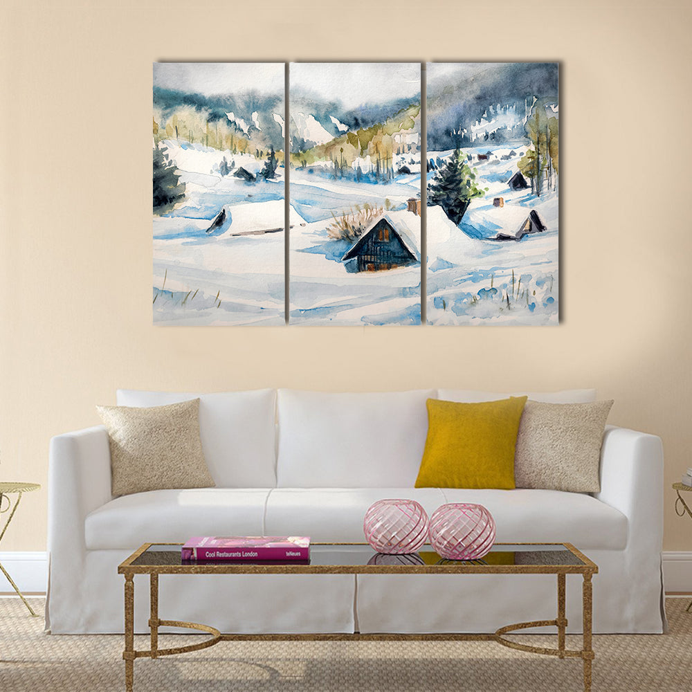 Snowy Mountain Village Canvas Wall Art