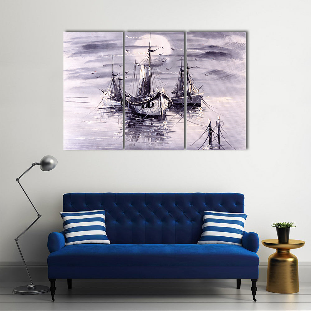 Moonlit Sailing Ships with Purple Reflections Canvas Wall Art