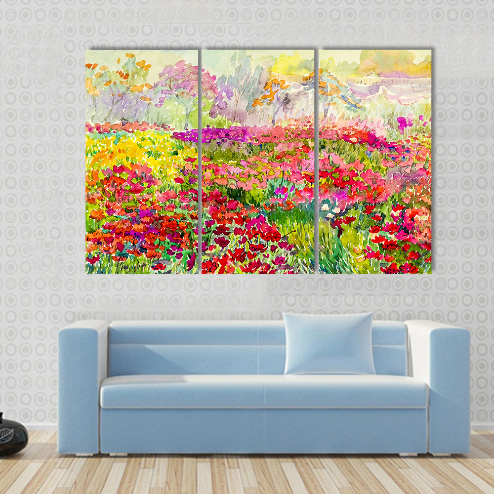 Watercolor Poppy Field in Spring Canvas Wall Art