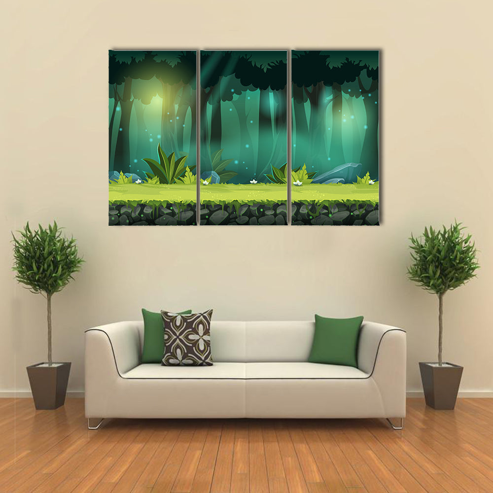 Magical Mist Forest with Fireflies Canvas Wall Art