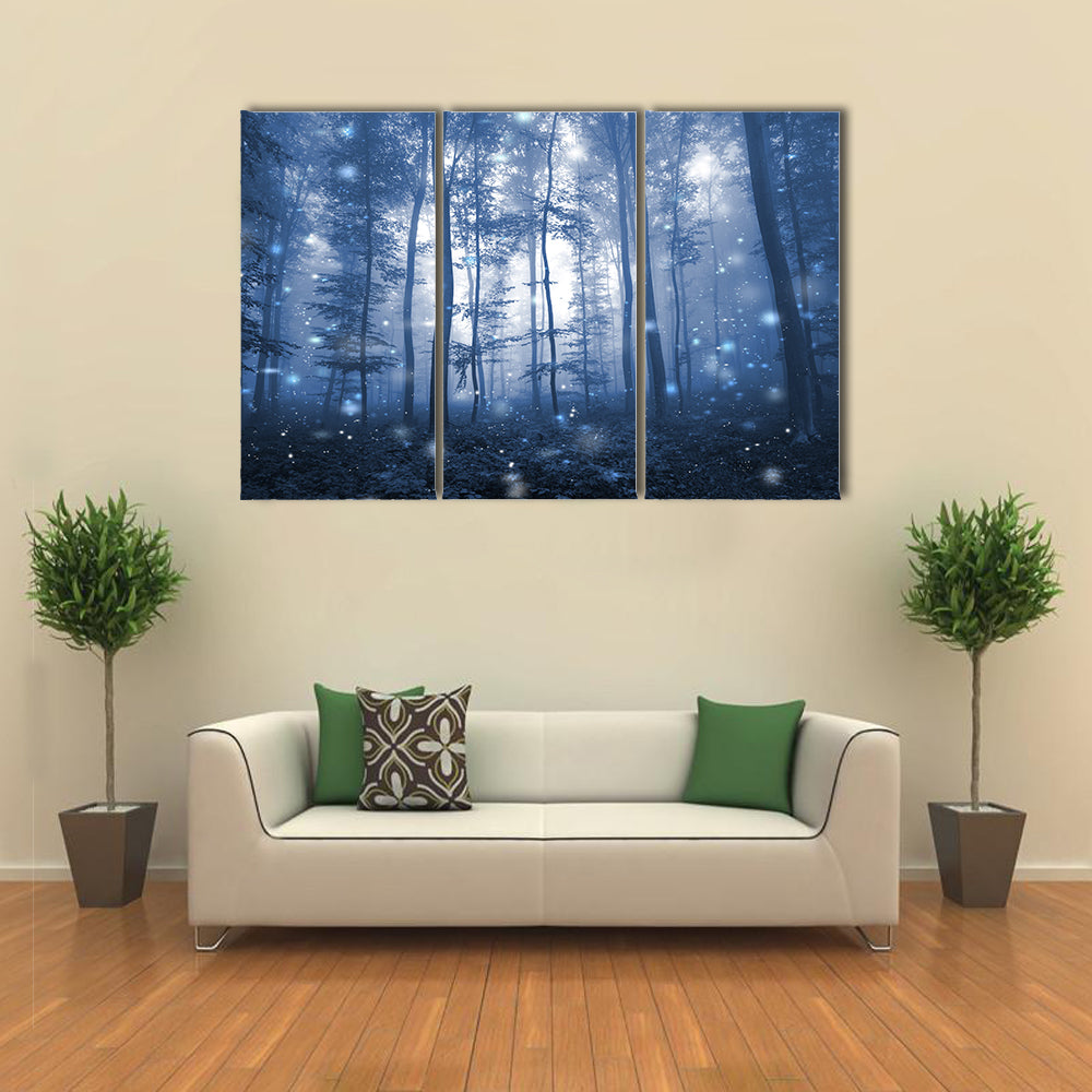 Blue Fog Forest with Glowing Orbs Canvas Wall Art