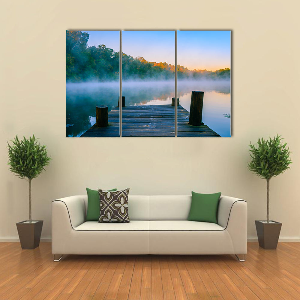 Wooden Dock at Misty Forest Lake Canvas Wall Art