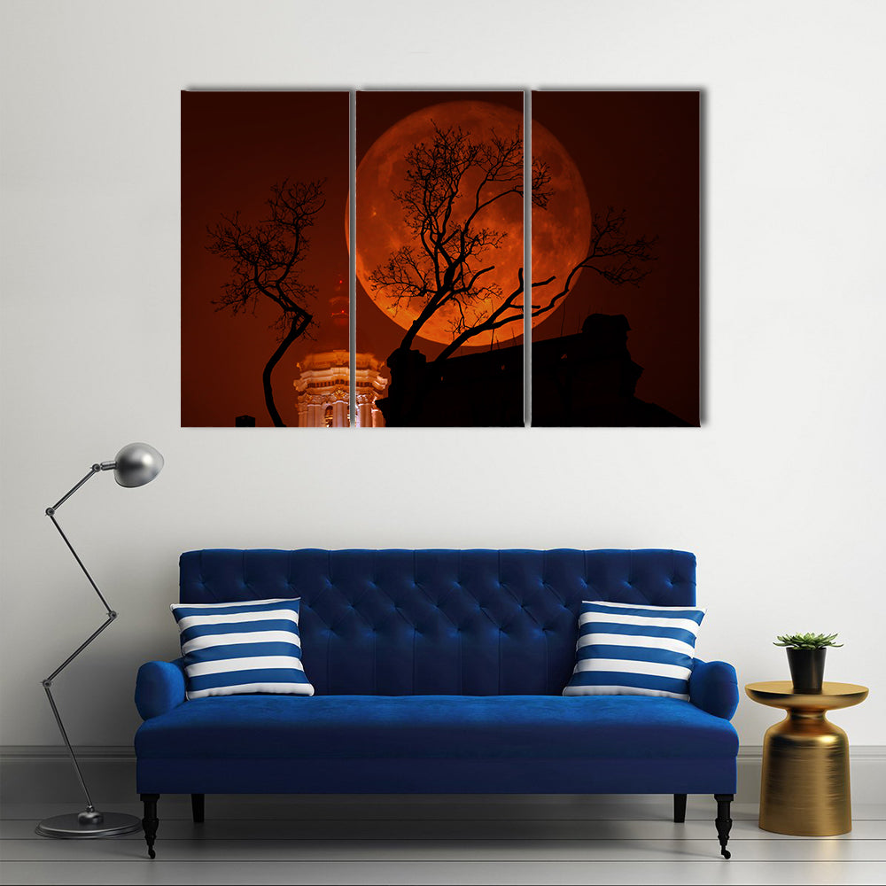 Blood Red Supermoon Over Illuminated Dome Canvas Wall Art