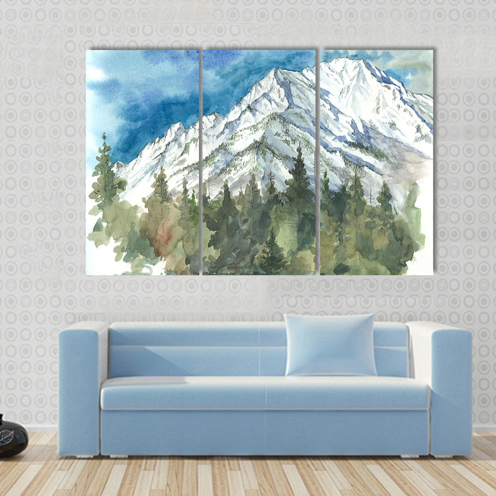 Watercolor Snow-capped Mountain and Forest Canvas Wall Art