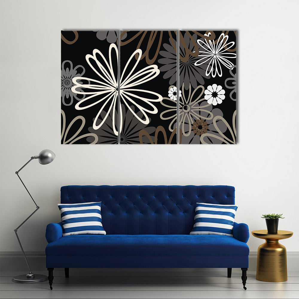 Retro Abstract Floral in Black and White Canvas Wall Art