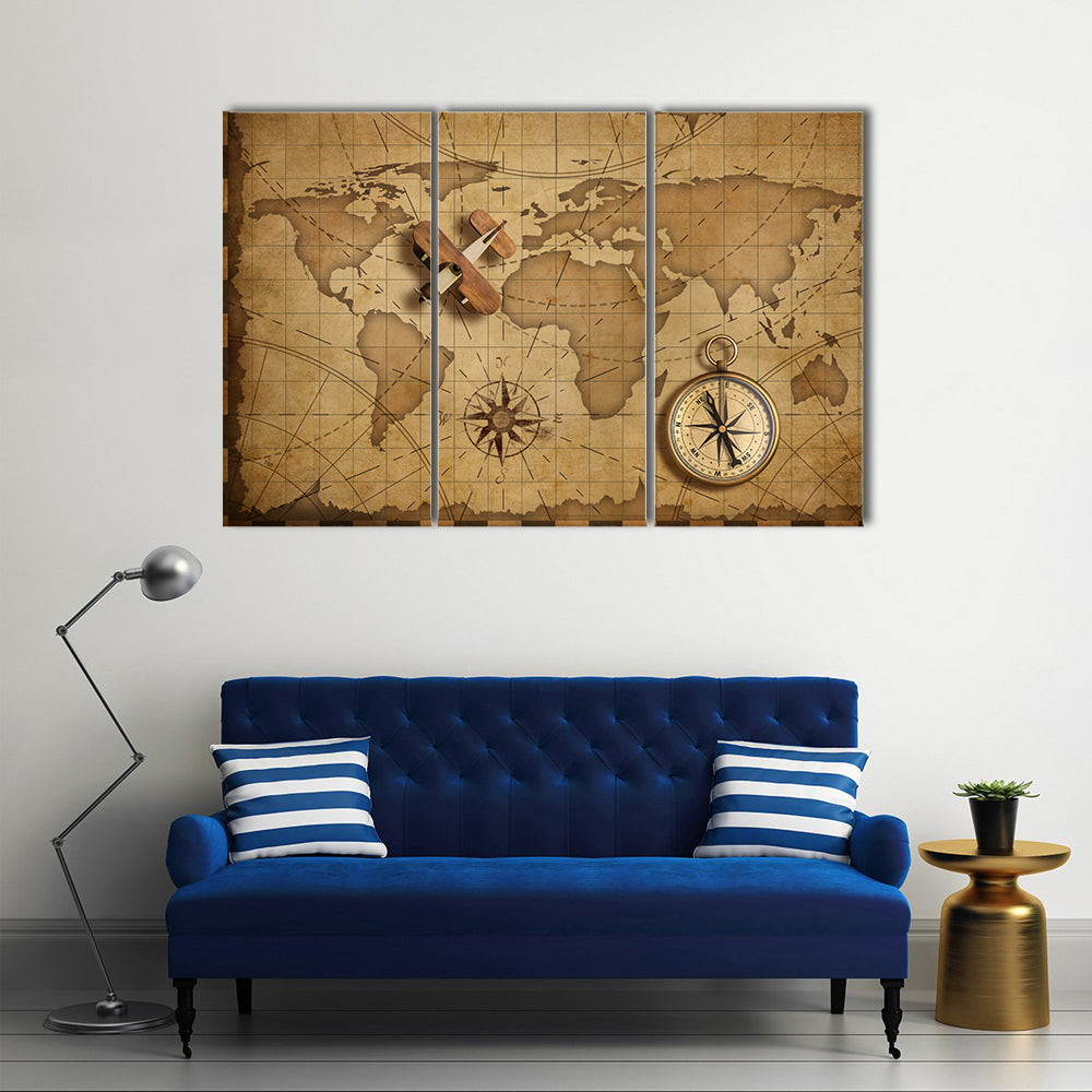Small Wood Airplane Over World Nautical Map Canvas Wall Art