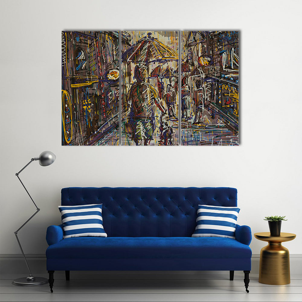 Rainy City Street with Umbrella Canvas Wall Art