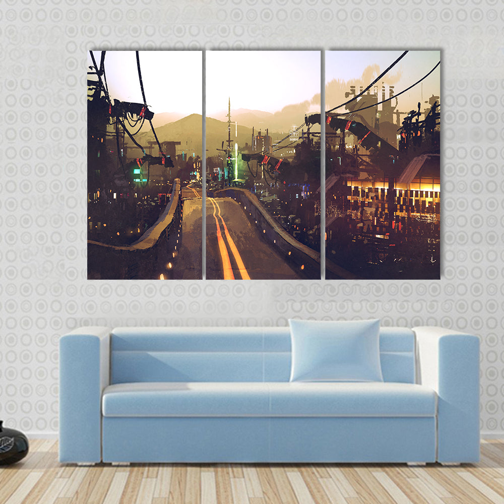 Futuristic Highway at Dusk Canvas Wall Art